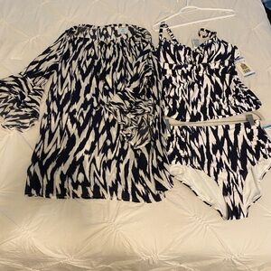 Anne Cole Navy and White  Print Tankini with Coverup L